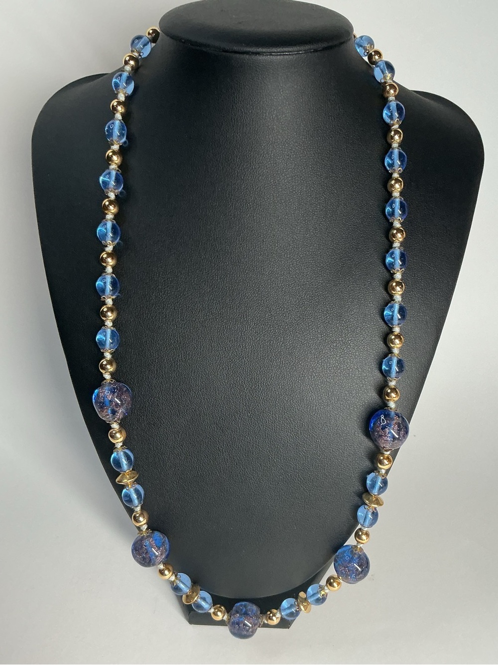 Blue and Gold Glass Bead Necklace 24”